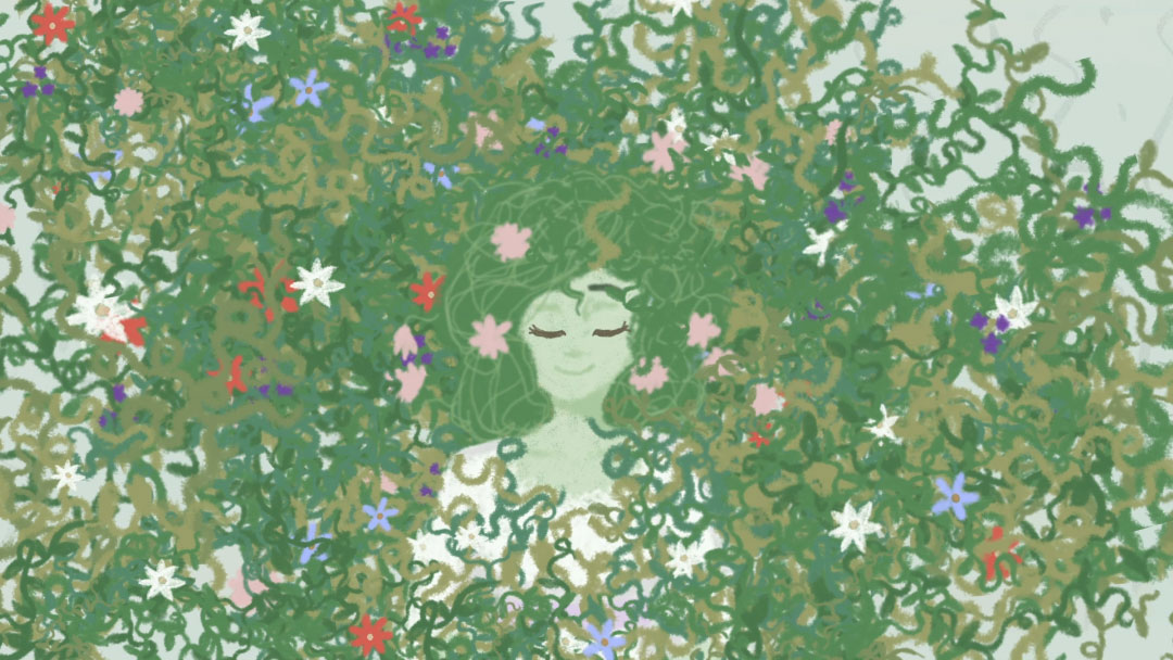 Plant woman surrounded by flowers that have grown from her hair.