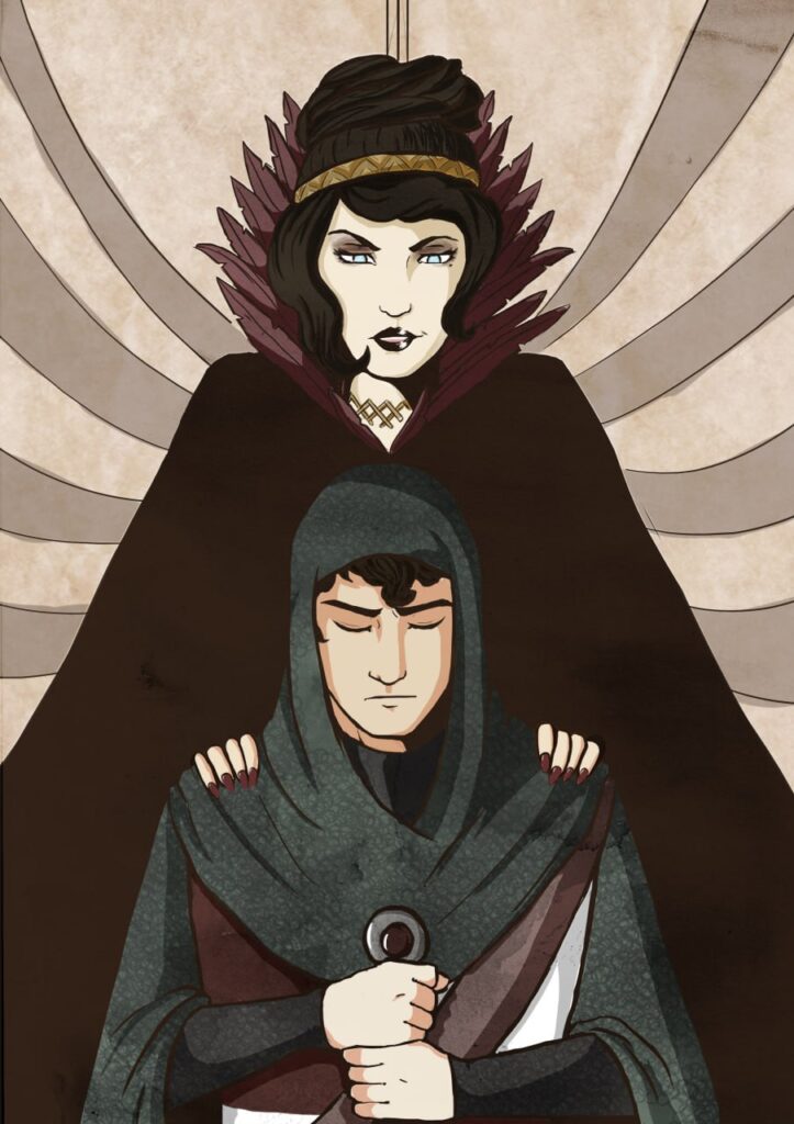 A digital illustration of Morgana le Fay looming over her son, Sir Mordred.